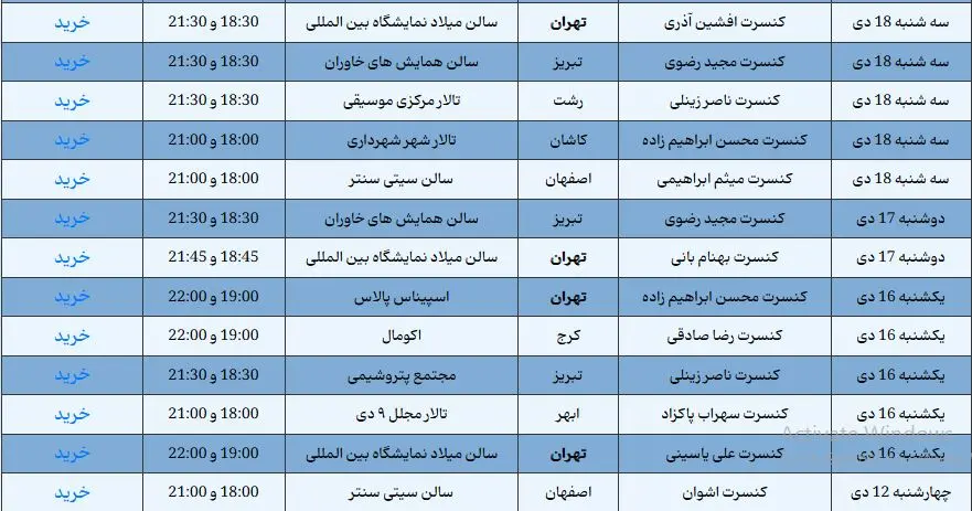 جدول کنسرت های دی 1403